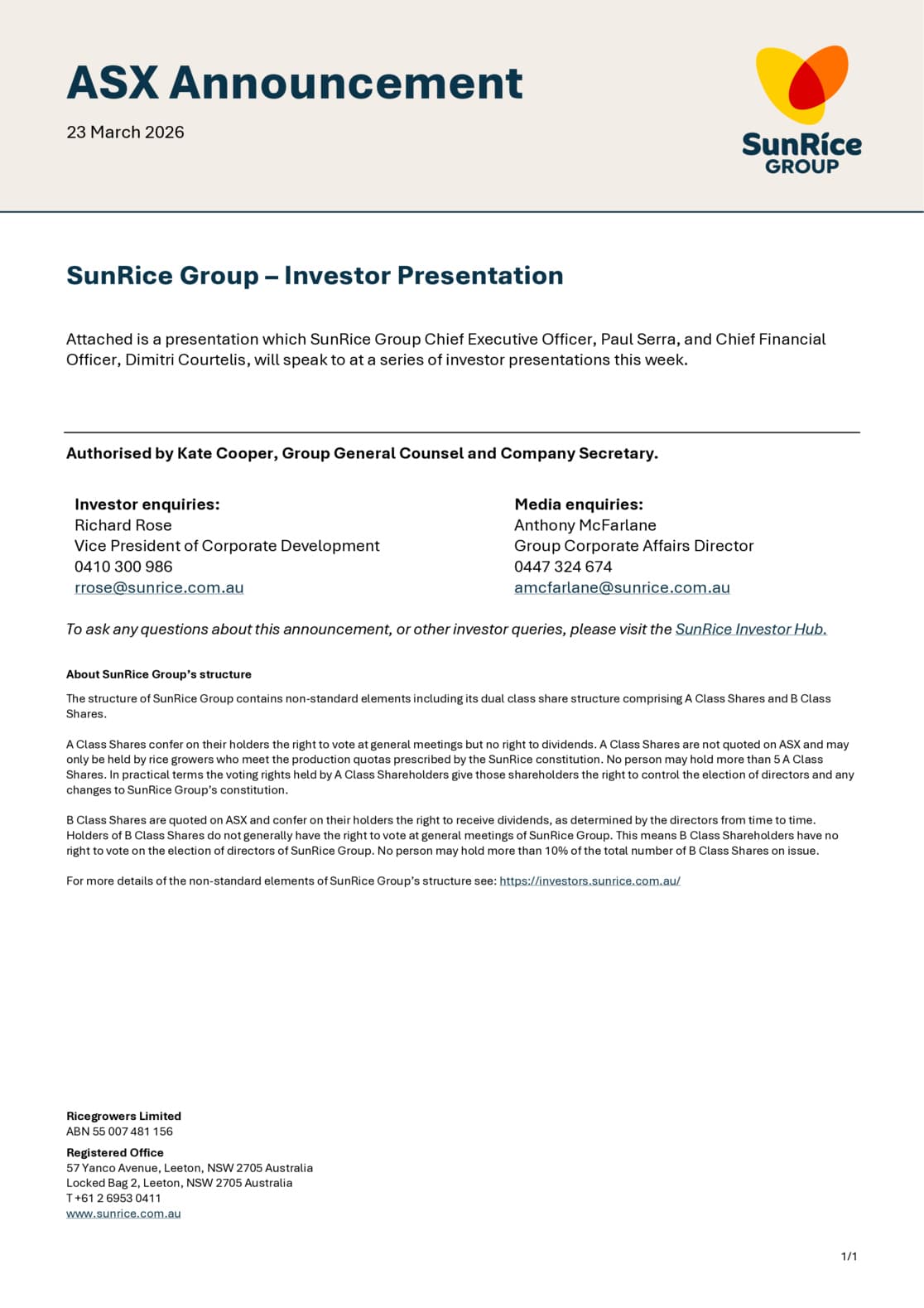 Investor Presentation - Overview of SunRice Group