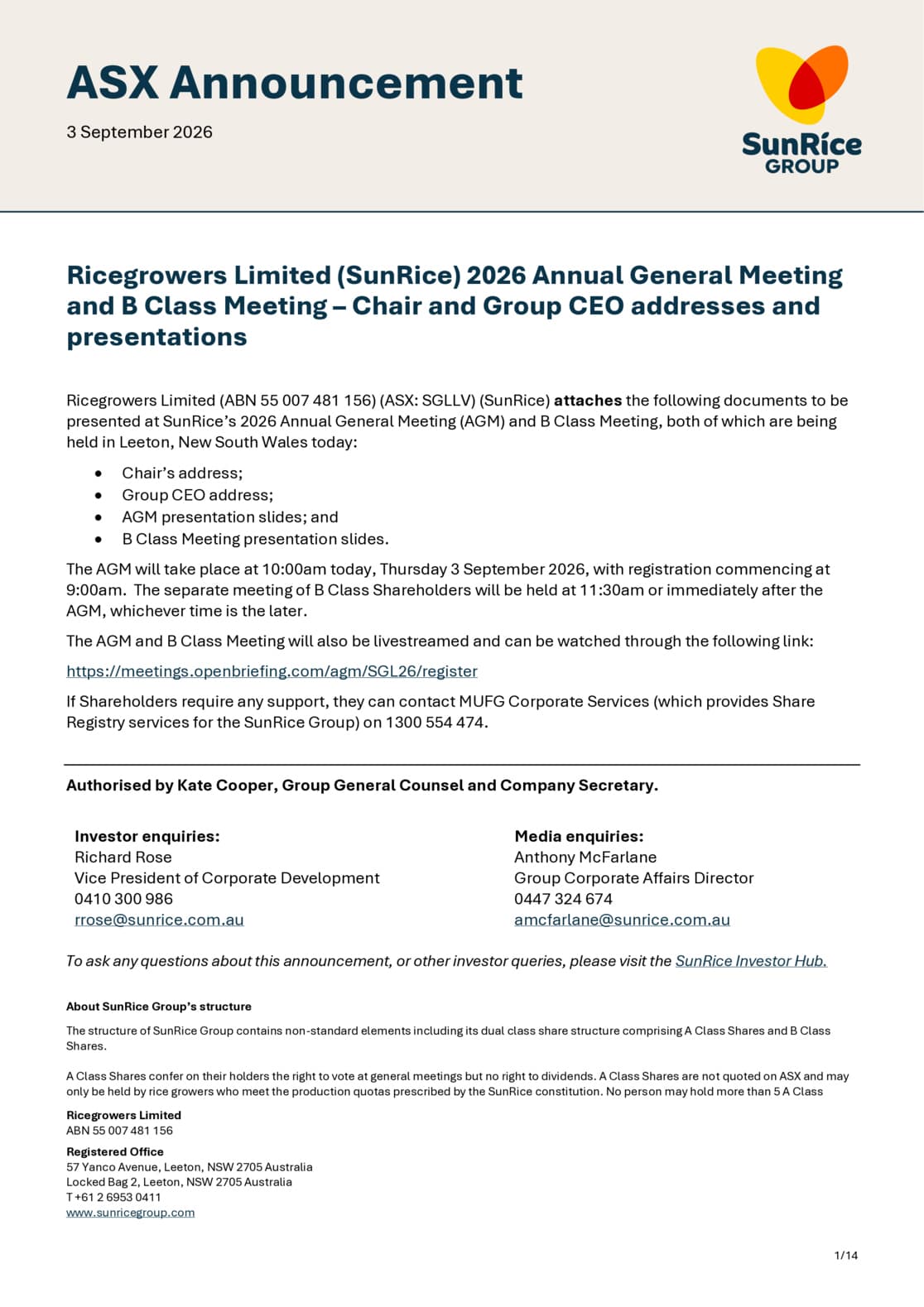 2026 AGM and B Class Meeting